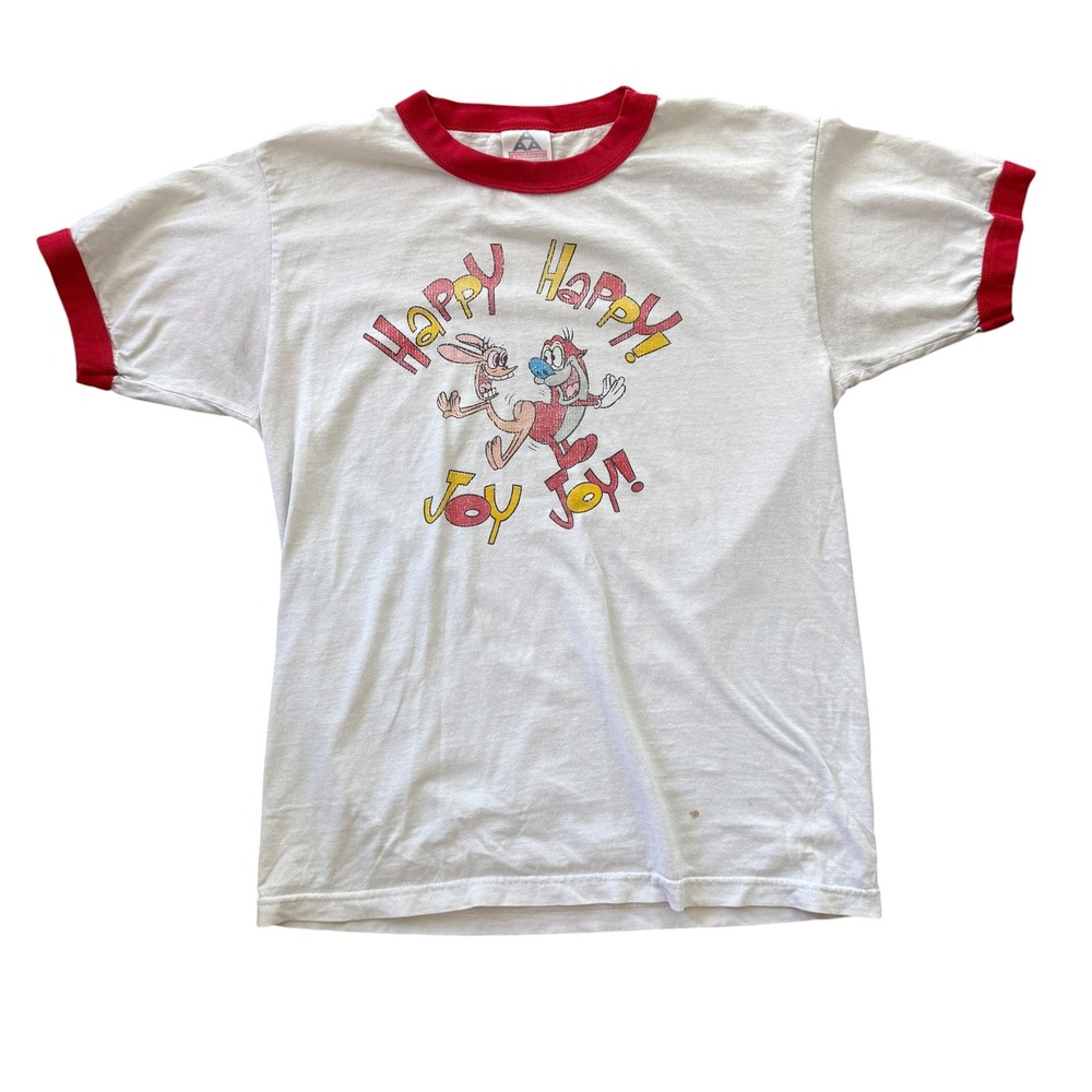 90s Ren and Stimpy Ringer T Shirt Happy Happy Joy Joy Medium White Red